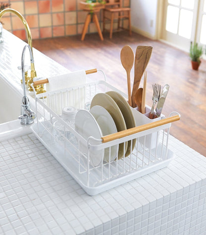 White Steel & Wood Dish Drying Rack